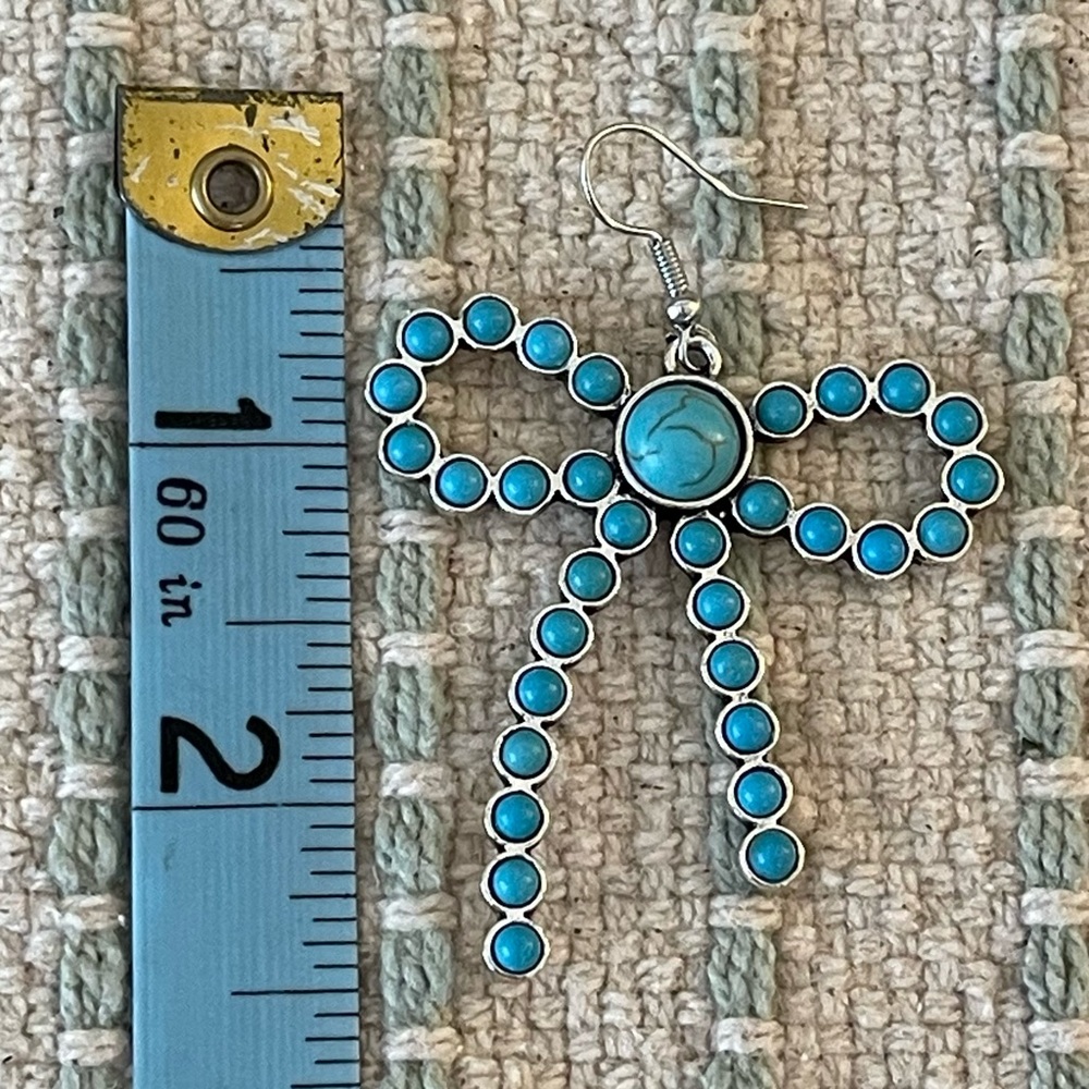 New - Faux Turquoise Bow Earrings - Picture 2 of 2